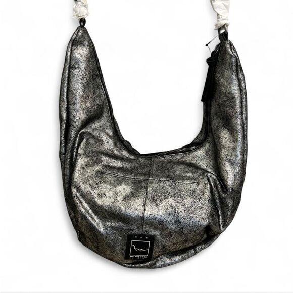 NWT Free People We The Free Sparta Sling Bag, Black Leather with Silver Shimmer - Picture 2 of 11